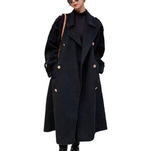 Women's Black Winter Double-Breasted Wool Midi Pea Coat with Notch Lapel Trench